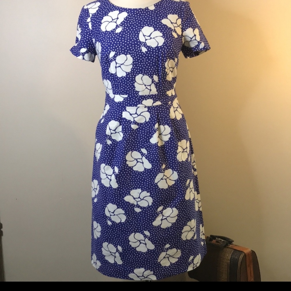 Boden Blue and White Floral Dot Fit-and-Flare Dress